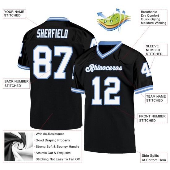 Custom Black White-Light Blue Mesh Authentic Throwback Football Jersey Custom Black White-Light Blue Mesh Authentic Throwback Football Jersey